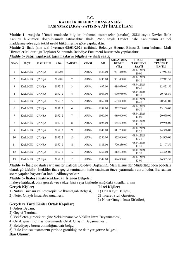 KALECİK BELEDİYE BAŞKANLIĞI TAŞINMAZ (ARSA) SATIŞINA AİT İHALE İLANI