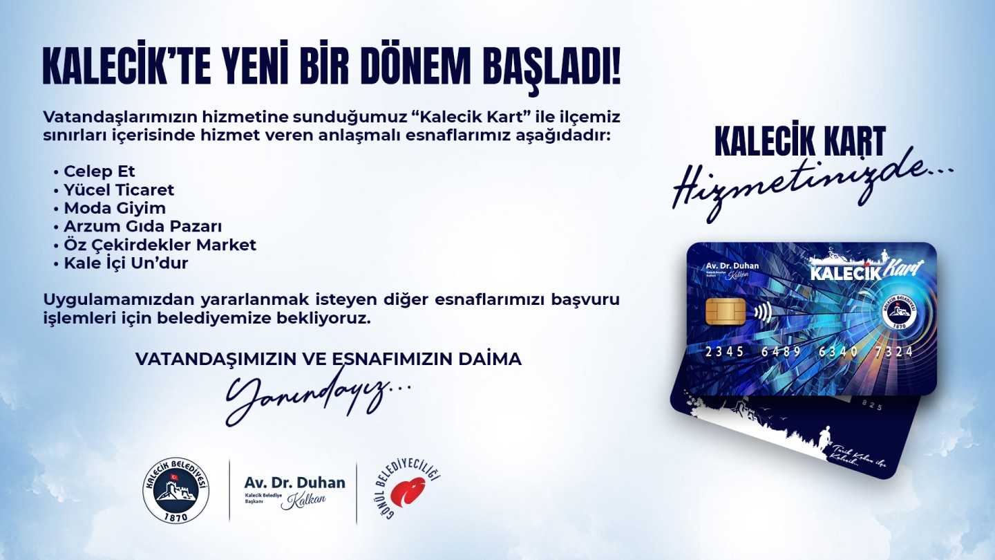 KALECİK KART İLE İLÇEMİZ SINIRLARI İÇERİSİNDE HİZMET VEREN ANLAŞMALI ESNAFLARIMIZI GÖRMEK İÇİN TIKLAYIN.